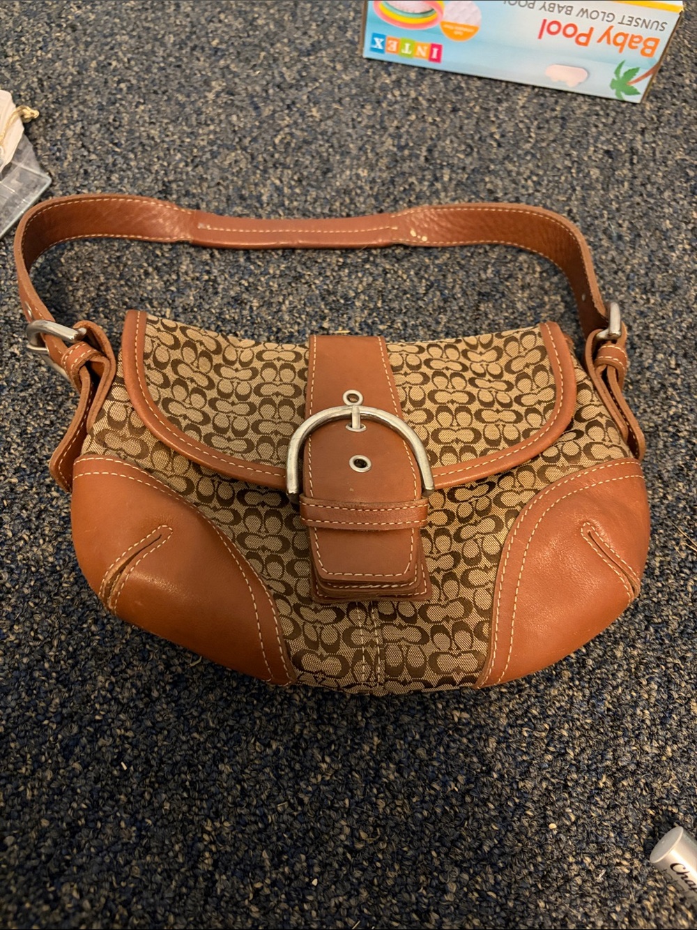 Coach Tan & Brown Signature Canvas Shoulder Bag with Buckle Front